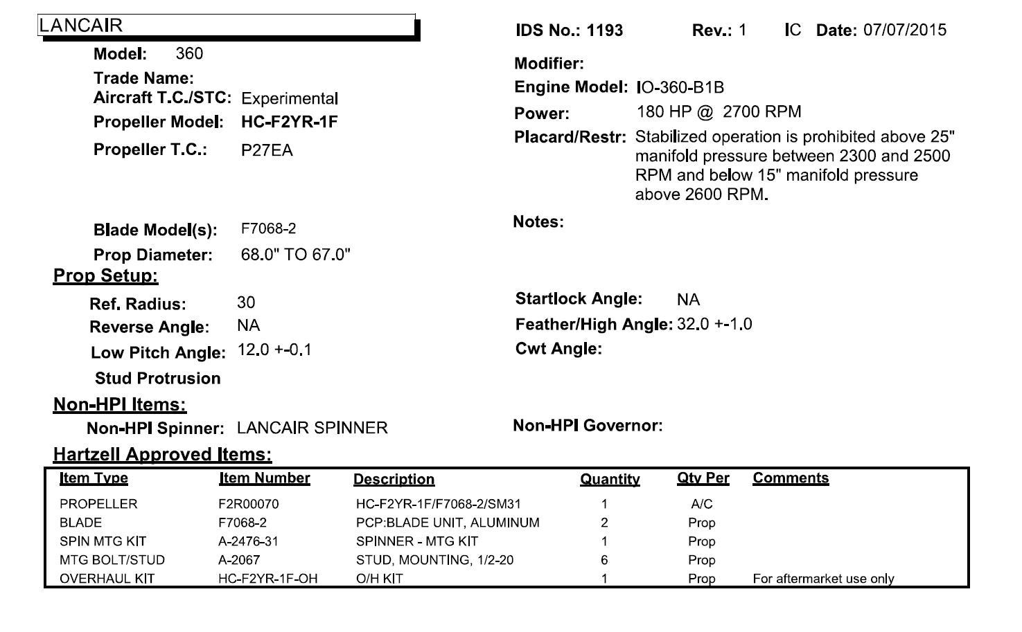 F2R00070 Lancair 360 - Lancair Parts